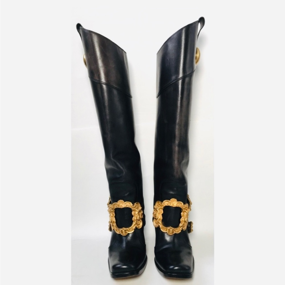 DOLCE & GABBANA VTG Black Leather Baroque Gold Pirate Riding Boots 36 6 Like New - Picture 2 of 16